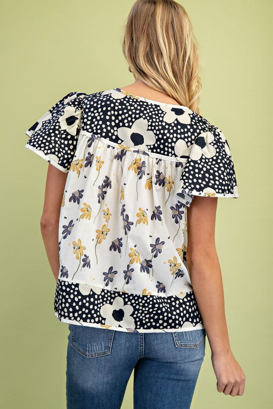 Navy Mixed Print Top