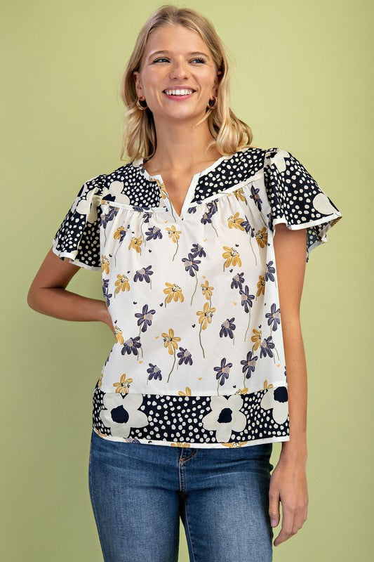 Navy Mixed Print Top
