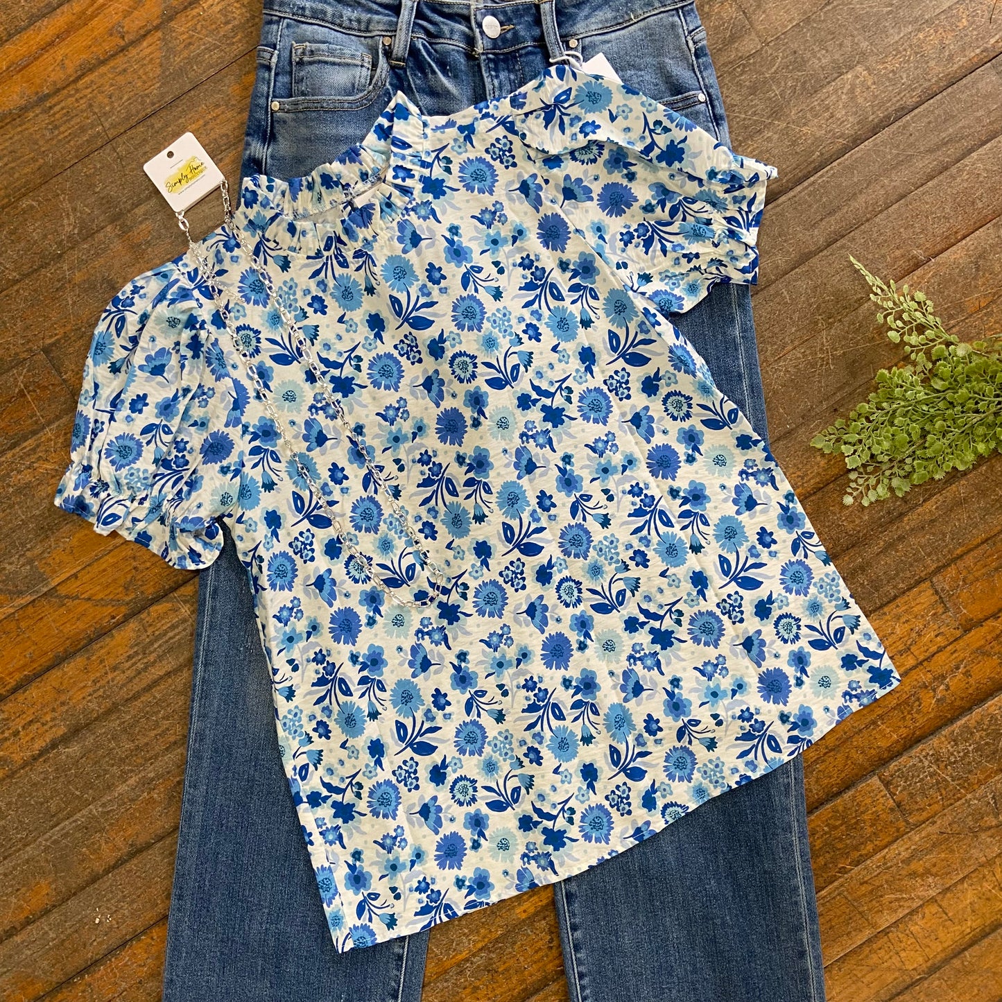 Blue Floral Ruffle Top
