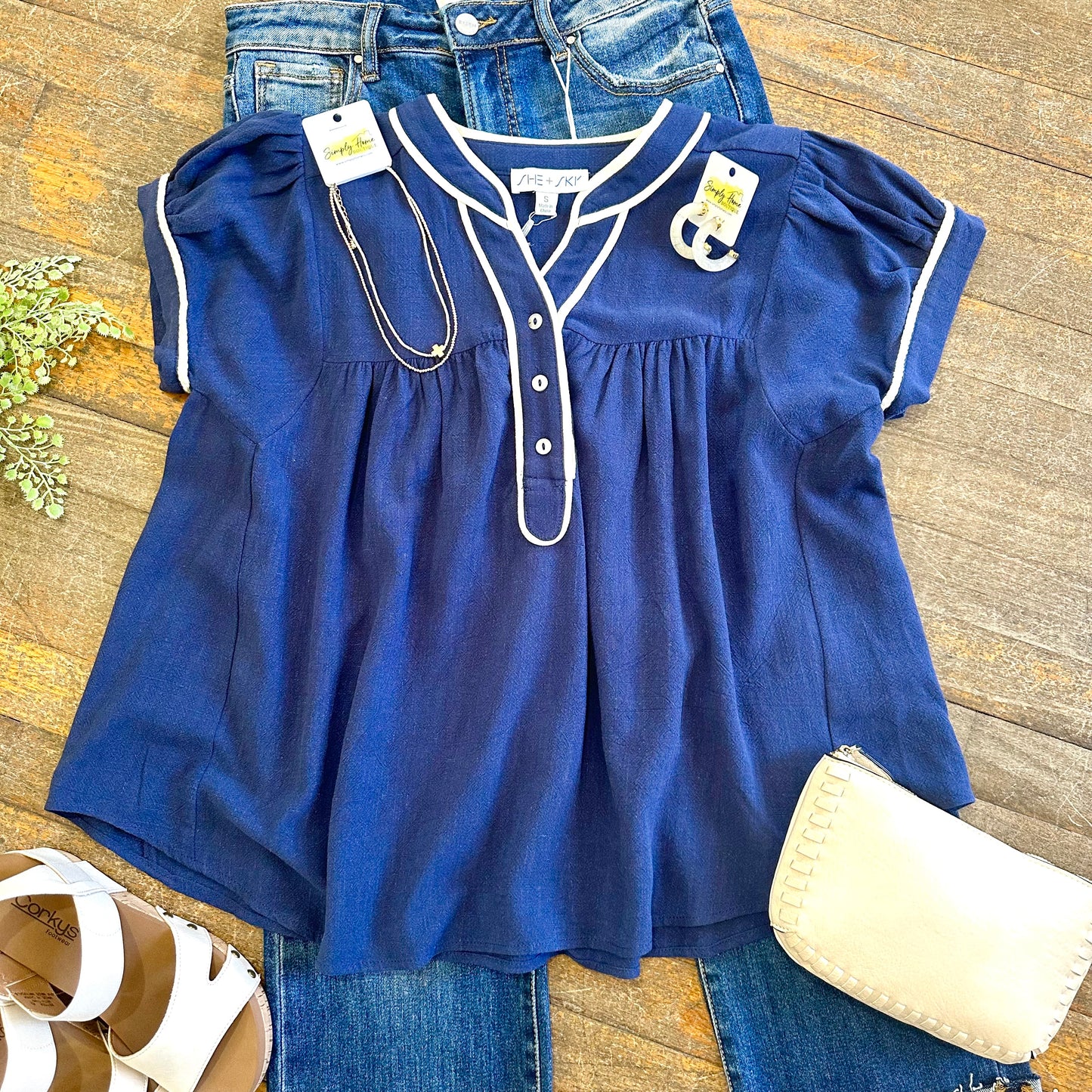 Navy Braid Trim Button Top