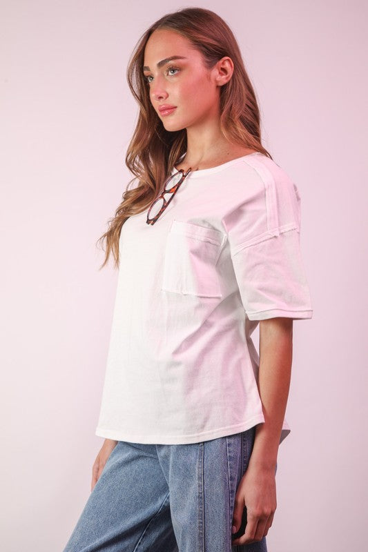 White Raw Seams Pocket Tee