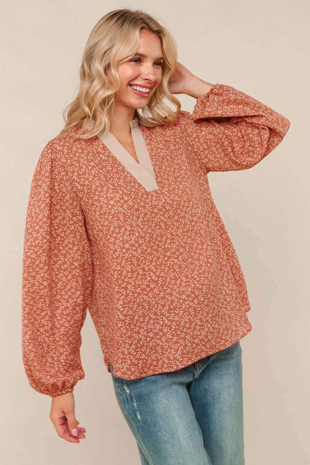 Contrast Band Floral Blouse