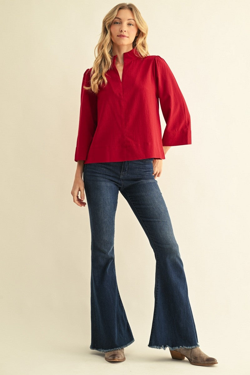 3/4 Sleeve Textured Mock V-Neck Blouse