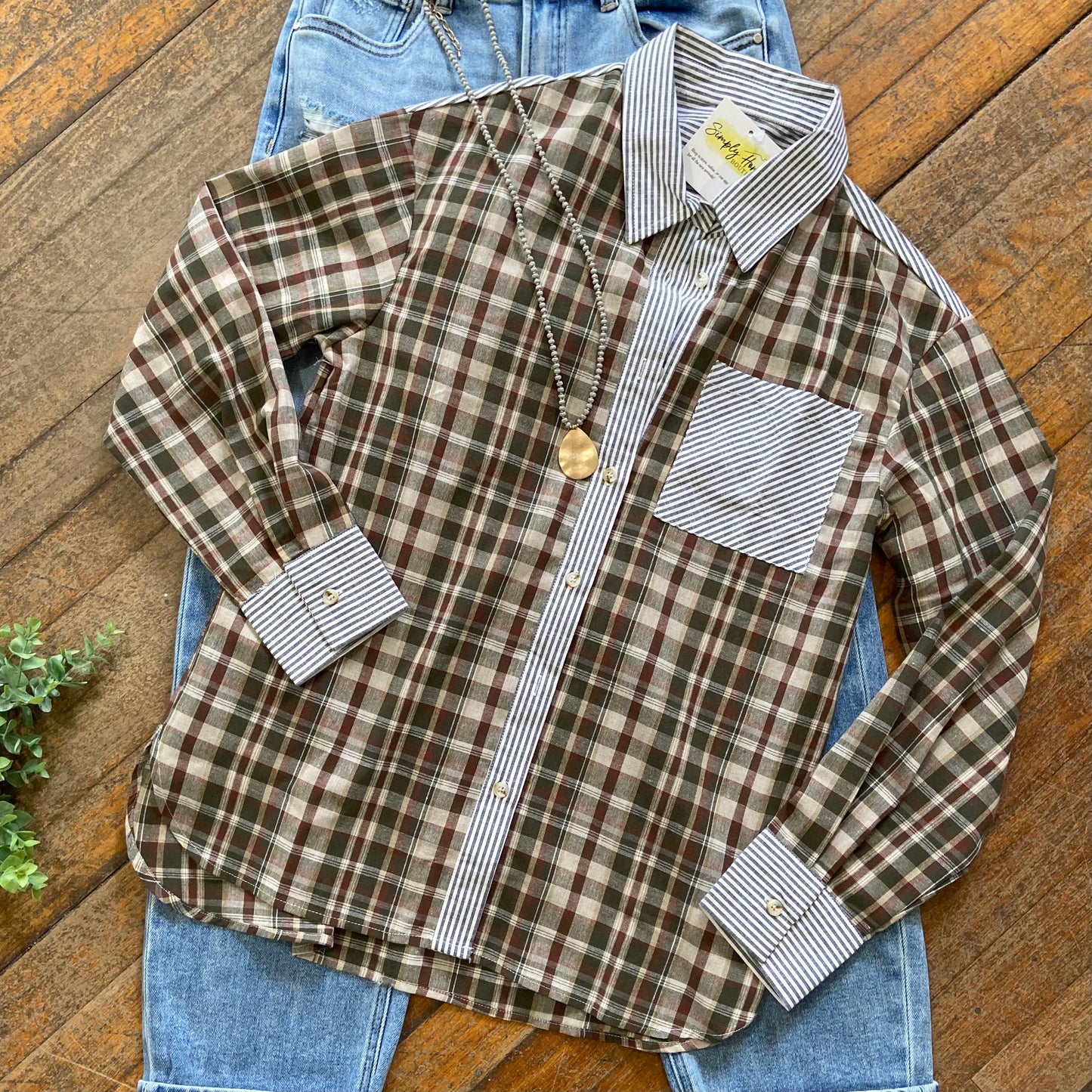 Brown Plaid Patchwork Buttoned Shirt