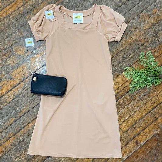 Tan Square Neck A-Line Dress