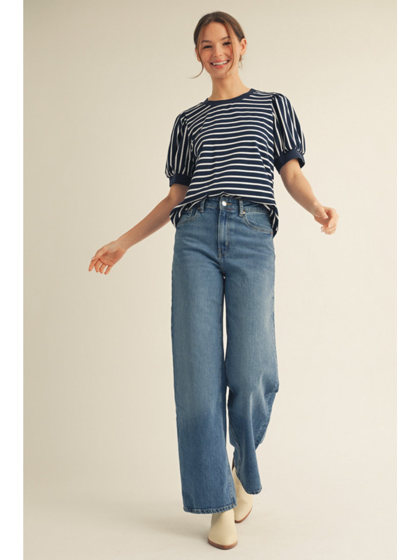 Navy Stripe Puff Sleeve Top