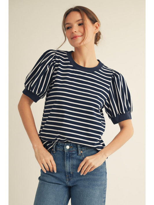 Navy Stripe Puff Sleeve Top