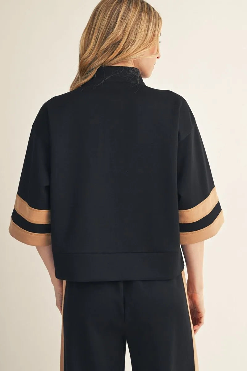 Black & Tan Color Block 3/4 Zip Sweatshirt