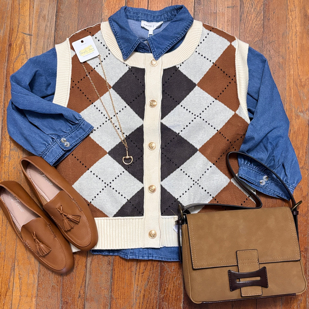 Cream Argyle Knit Sweater Vest