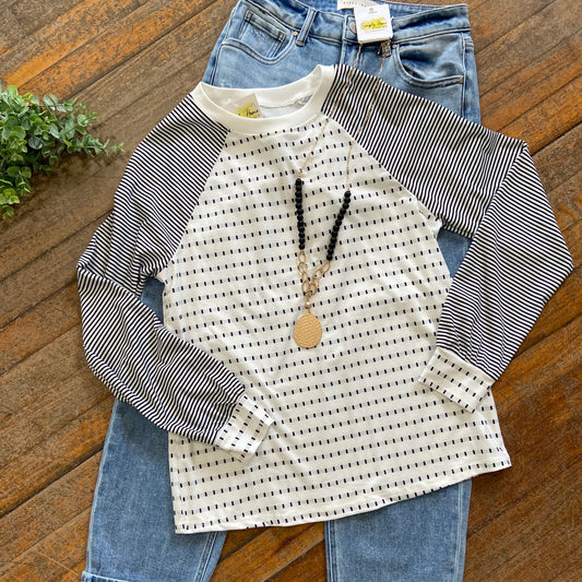 Black Stripe Raglan Patchwork Tee