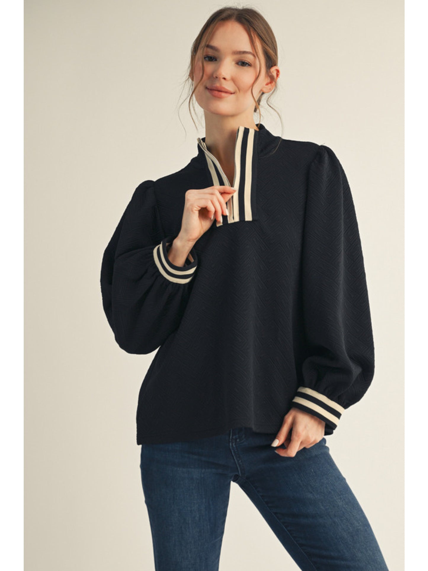 Quilted Zip Up Top- Black