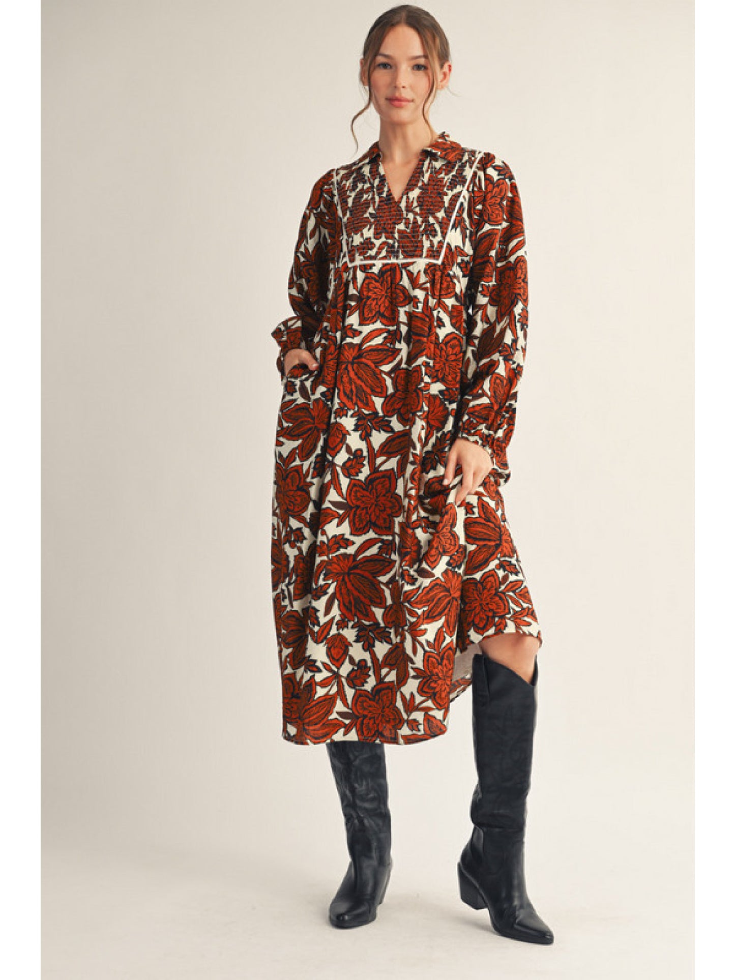 Long Sleeve Floral Midi Dress