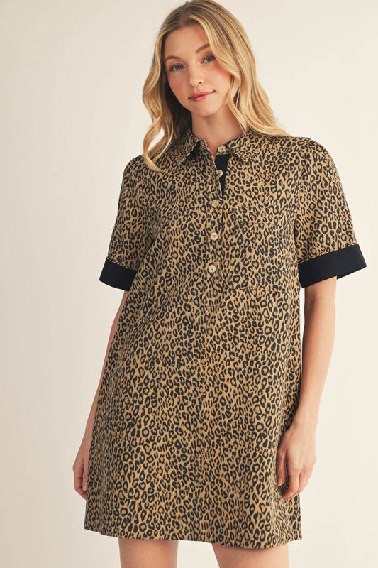 Leopard Print Button-Up Dress with Contrast Cuff Sleeves