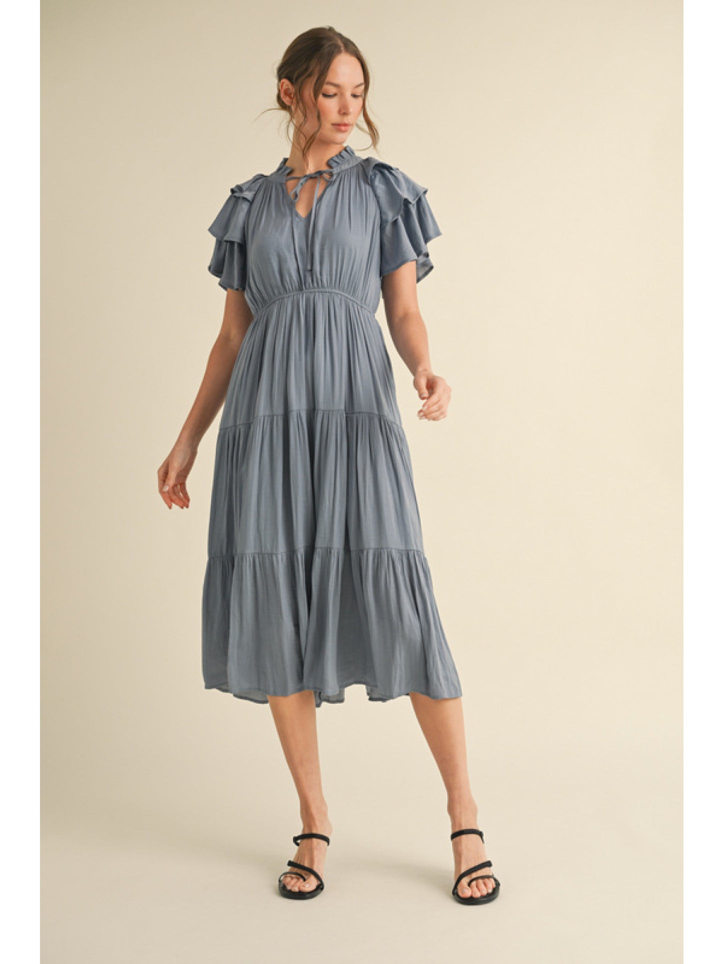 Blue Ruffle Sleeve Tier Dress