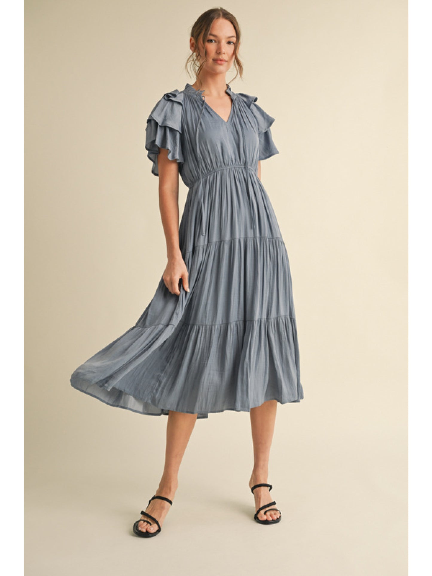 Blue Ruffle Sleeve Tier Dress