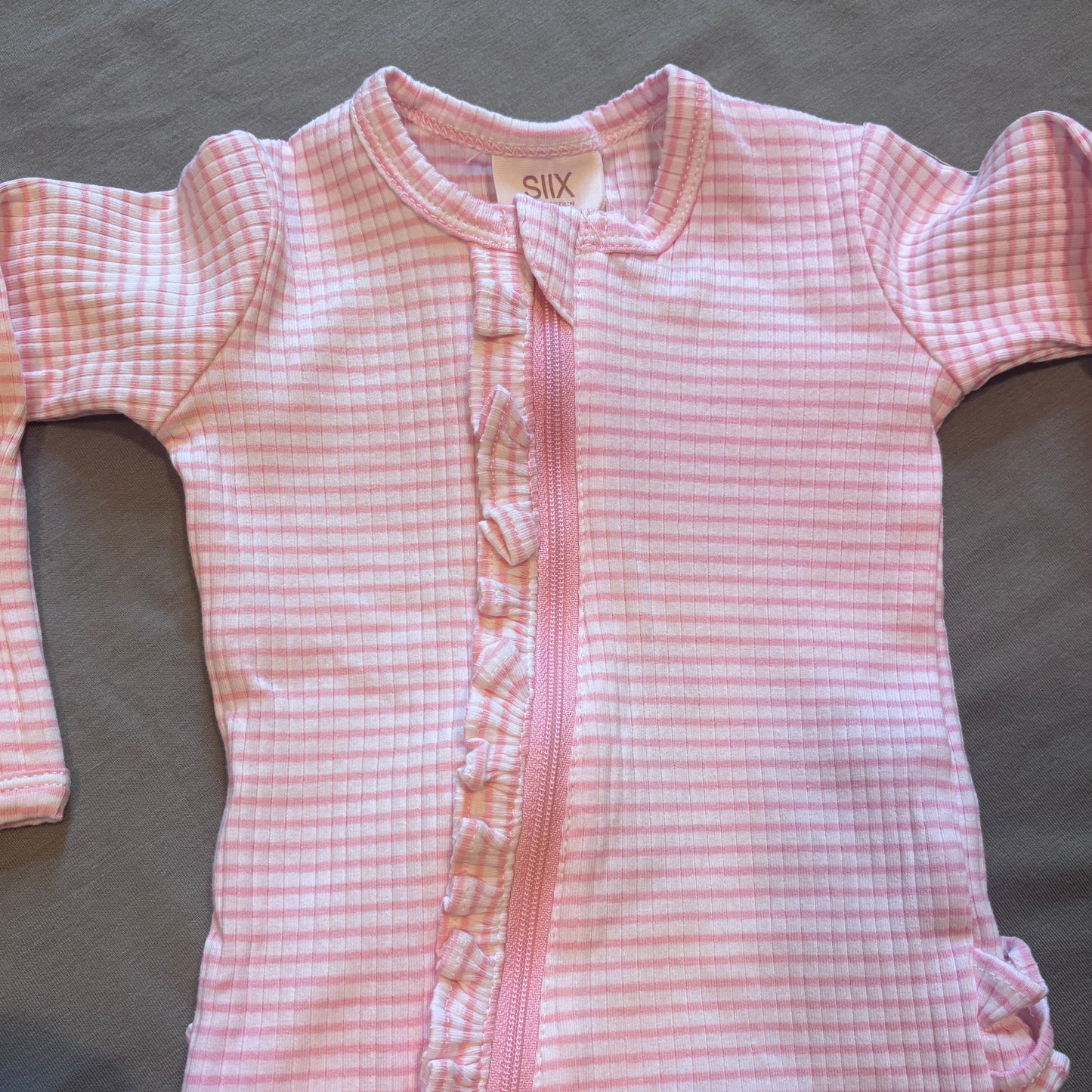 Pink Stripe - Ribbed Frill 2-Way Zip Footie