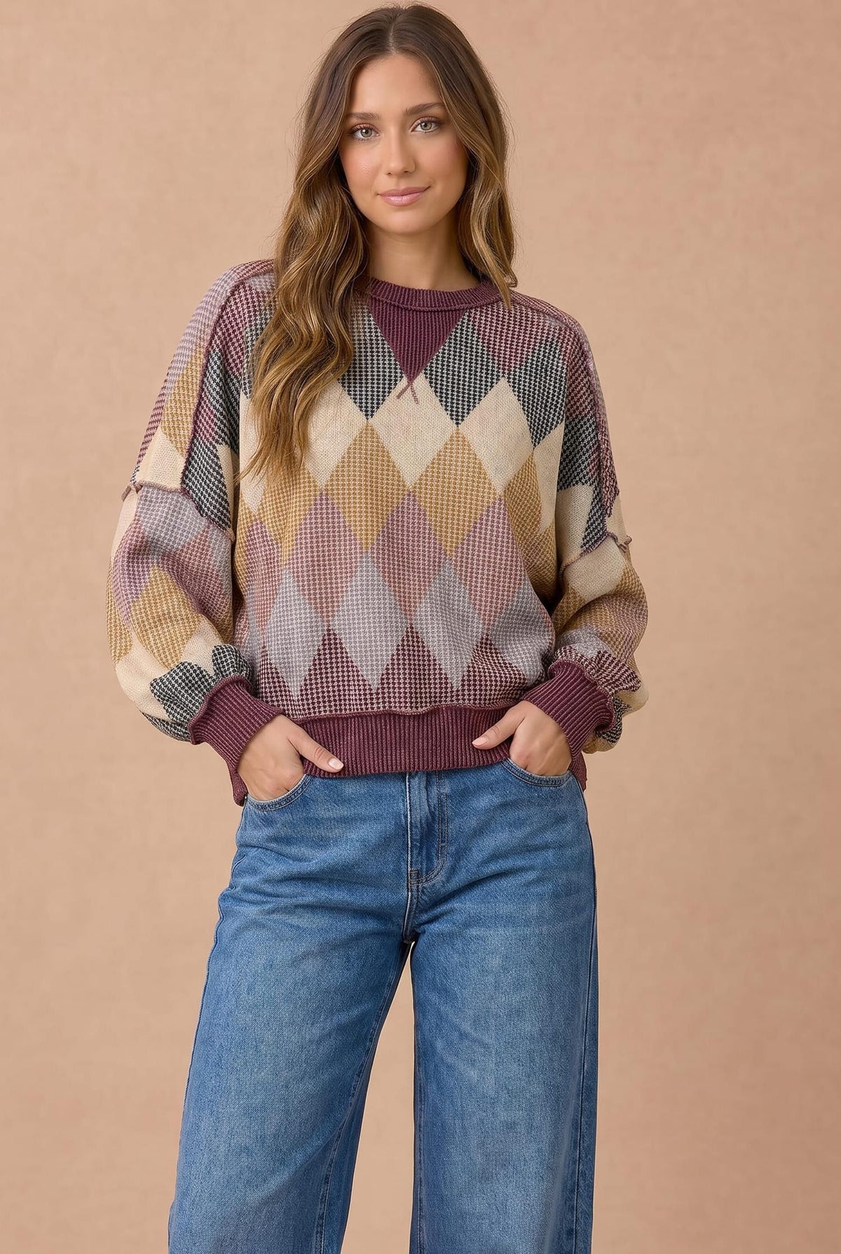 Argyle Waffle Knit Oversized Top