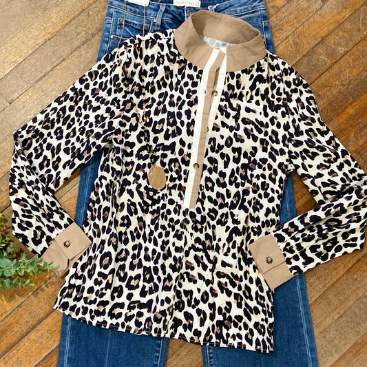 Leopard Print Button Collared Top