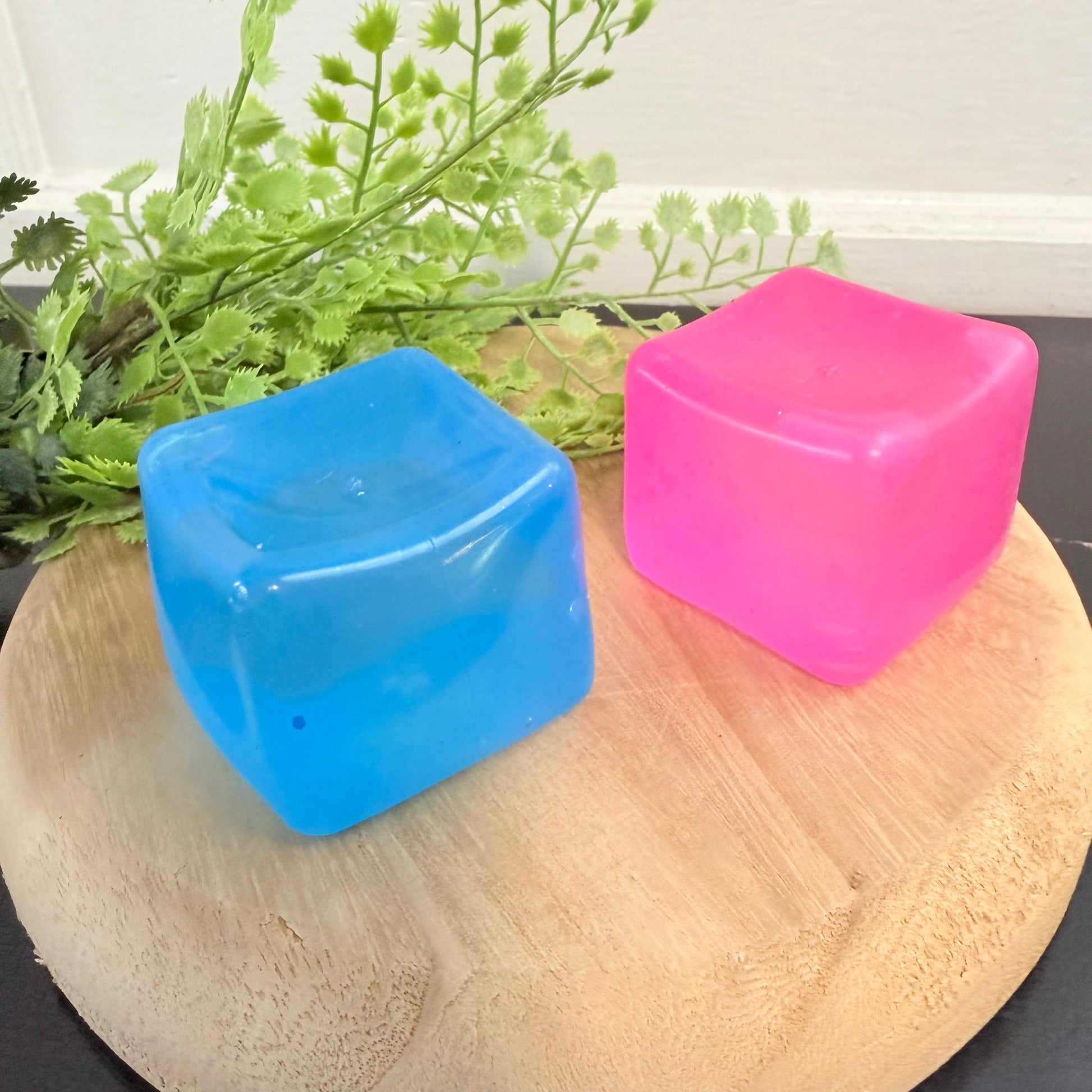 Blue and pink square containers on a wooden surface with greenery in the background