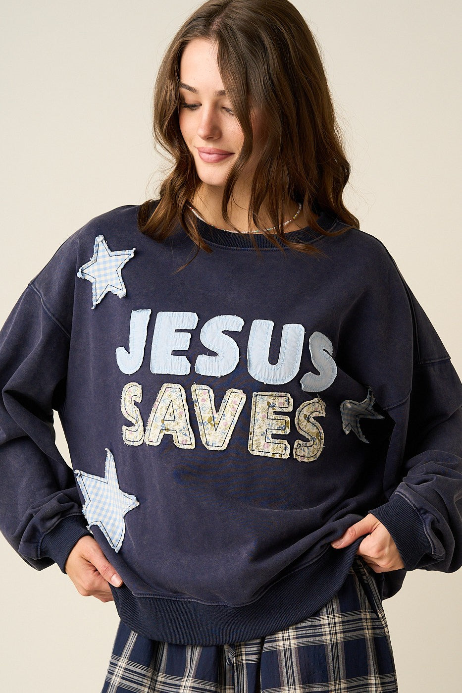 "Jesus Saves" Patchwork Graphic Sweatshirt