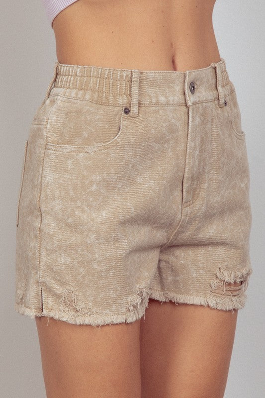 Beige Distress Washed Denim Shorts