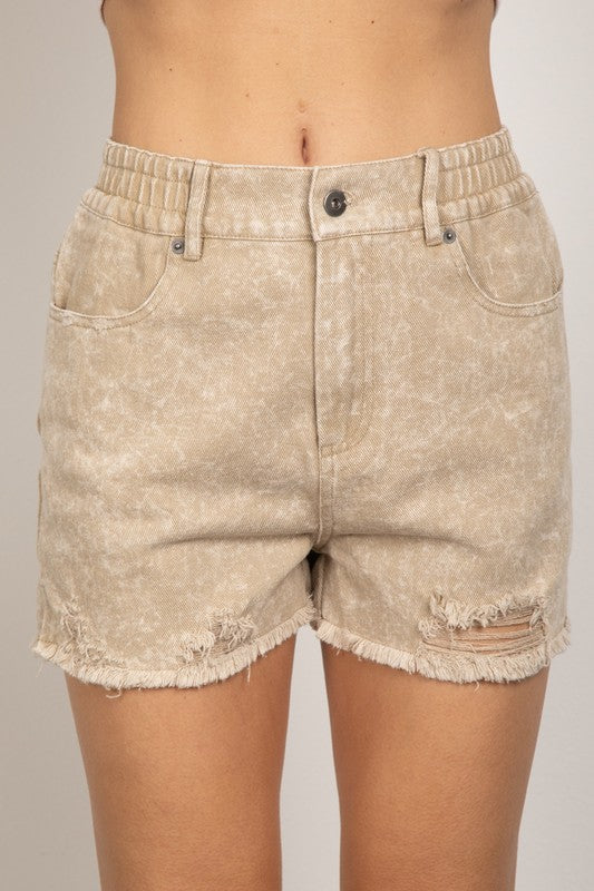 Beige Distress Washed Denim Shorts