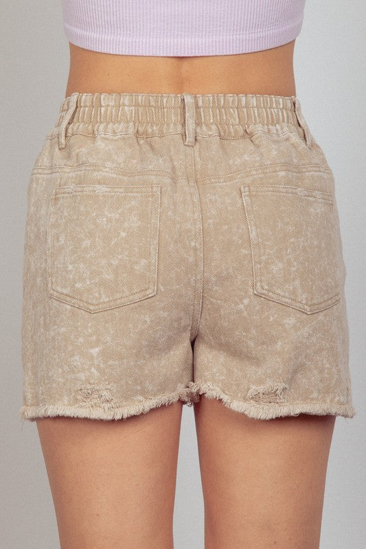 Beige Distress Washed Denim Shorts