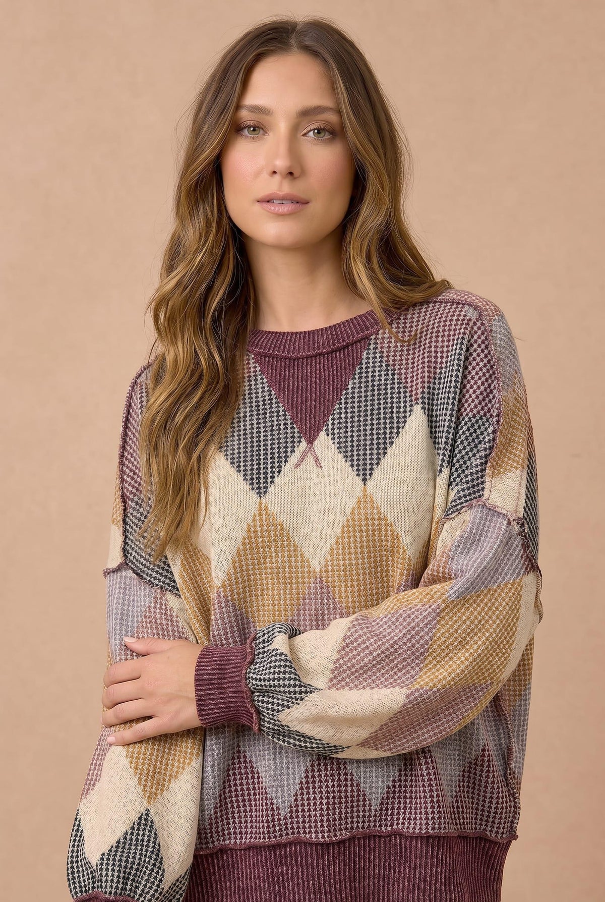 Argyle Waffle Knit Oversized Top