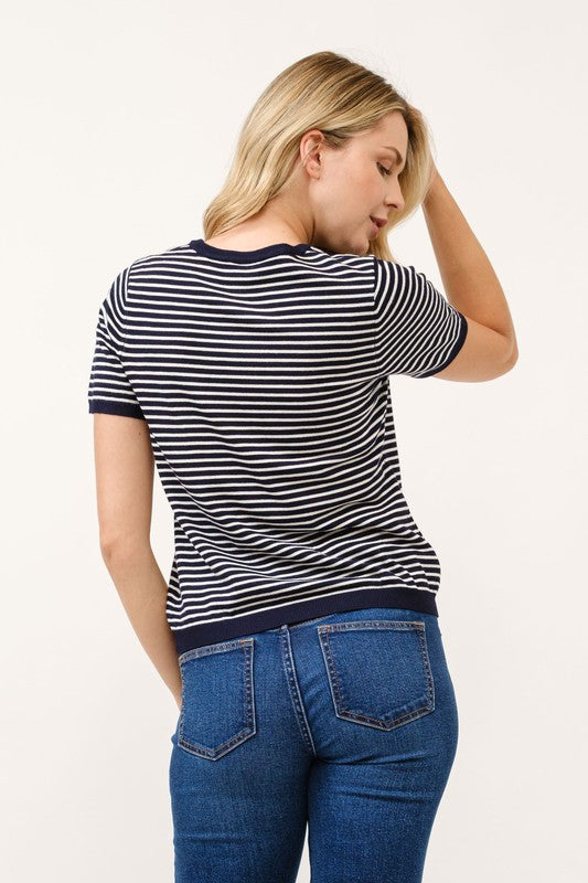 Navy Crew Knit Stripe Top