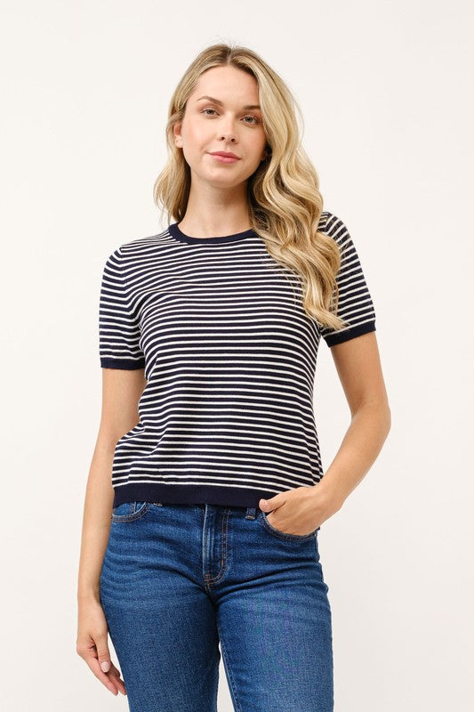Navy Crew Knit Stripe Top