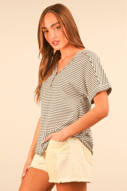 Stripe Button V-Neck Top