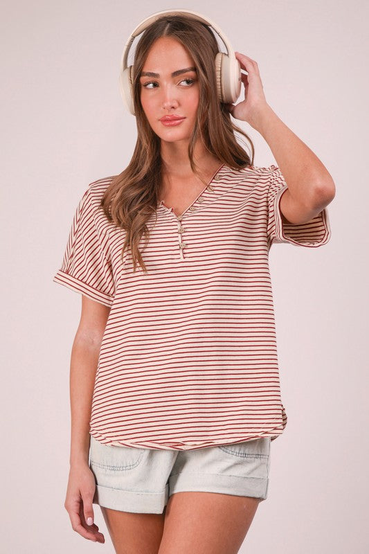Stripe Button V-Neck Top
