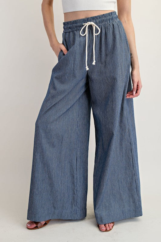 Pinstripe Tie Waist Wide Leg Pants