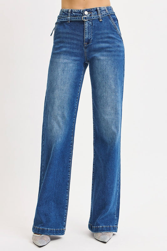 Risen High Rise Wide Belted Jeans