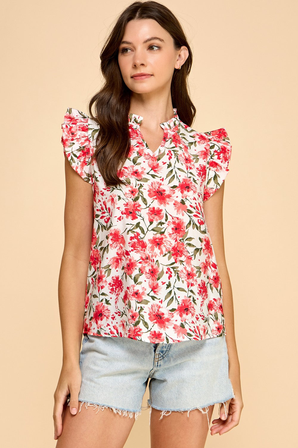 Red Floral Ruffle Top
