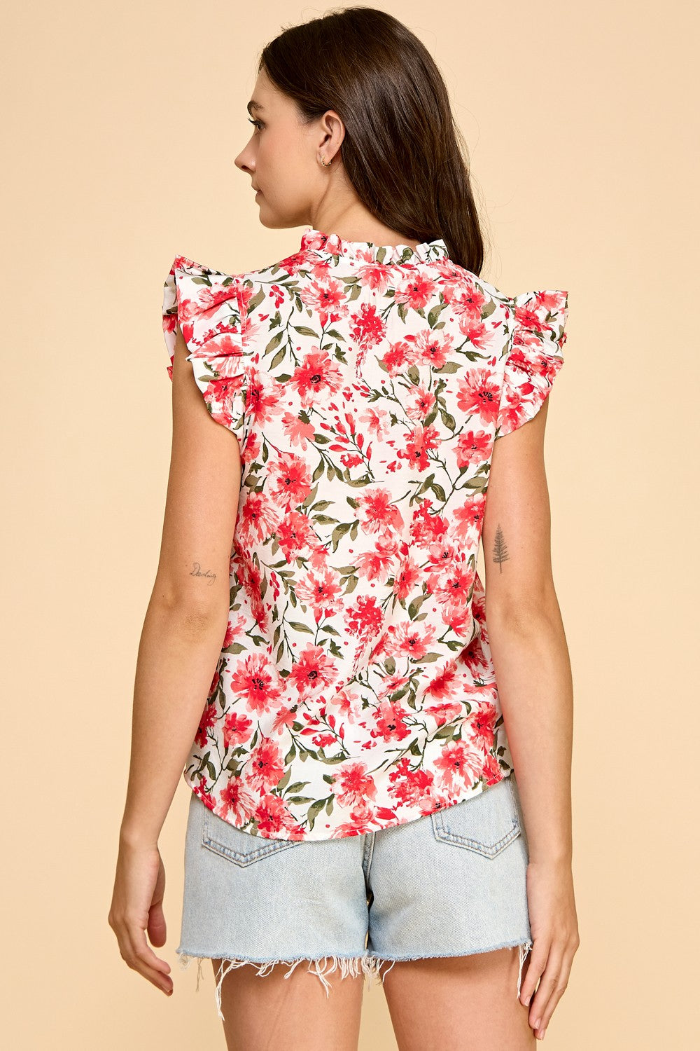 Red Floral Ruffle Top