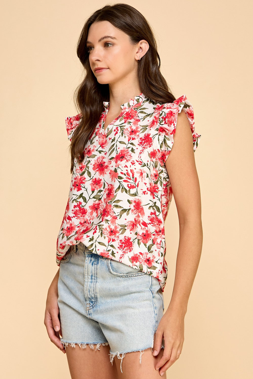 Red Floral Ruffle Top