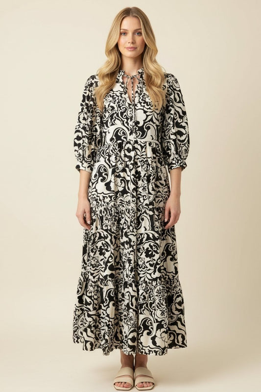 Black & Cream Scroll Print Button-Front Tiered Dress