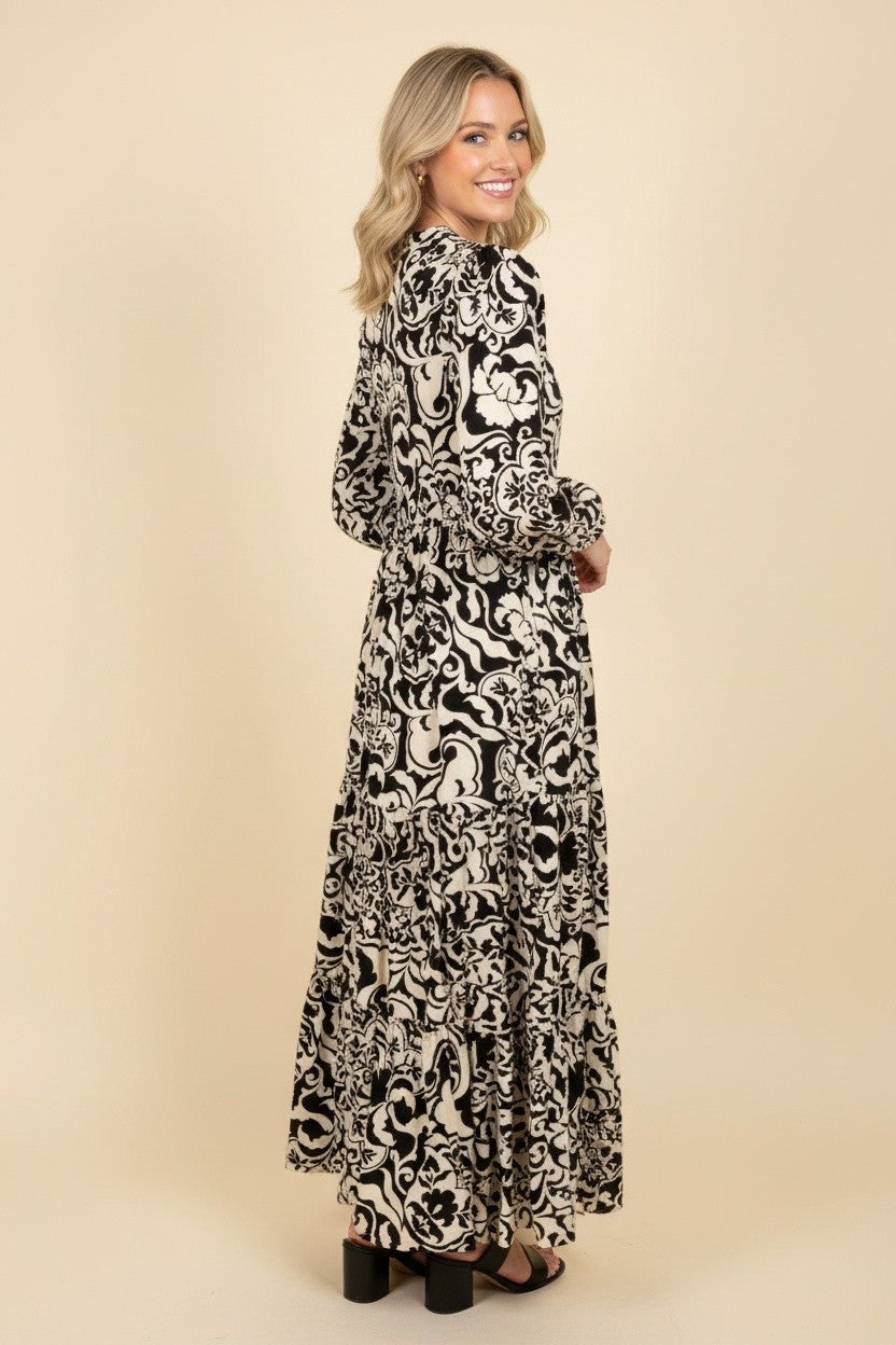 Black & Cream Scroll Print Button-Front Tiered Dress