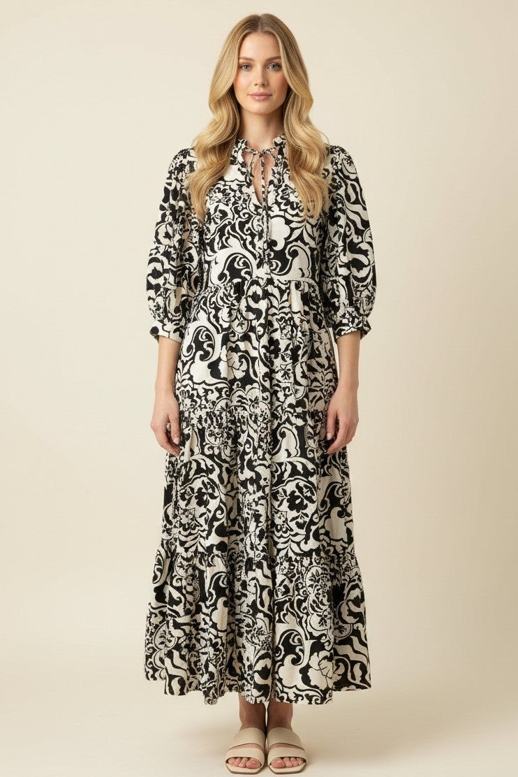 Black & Cream Scroll Print Button-Front Tiered Dress