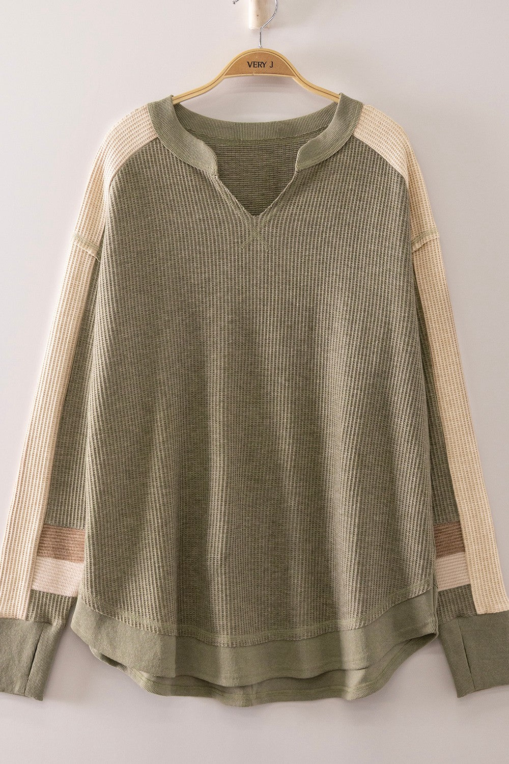 Sage Waffle-Knit Color-Block Pullover