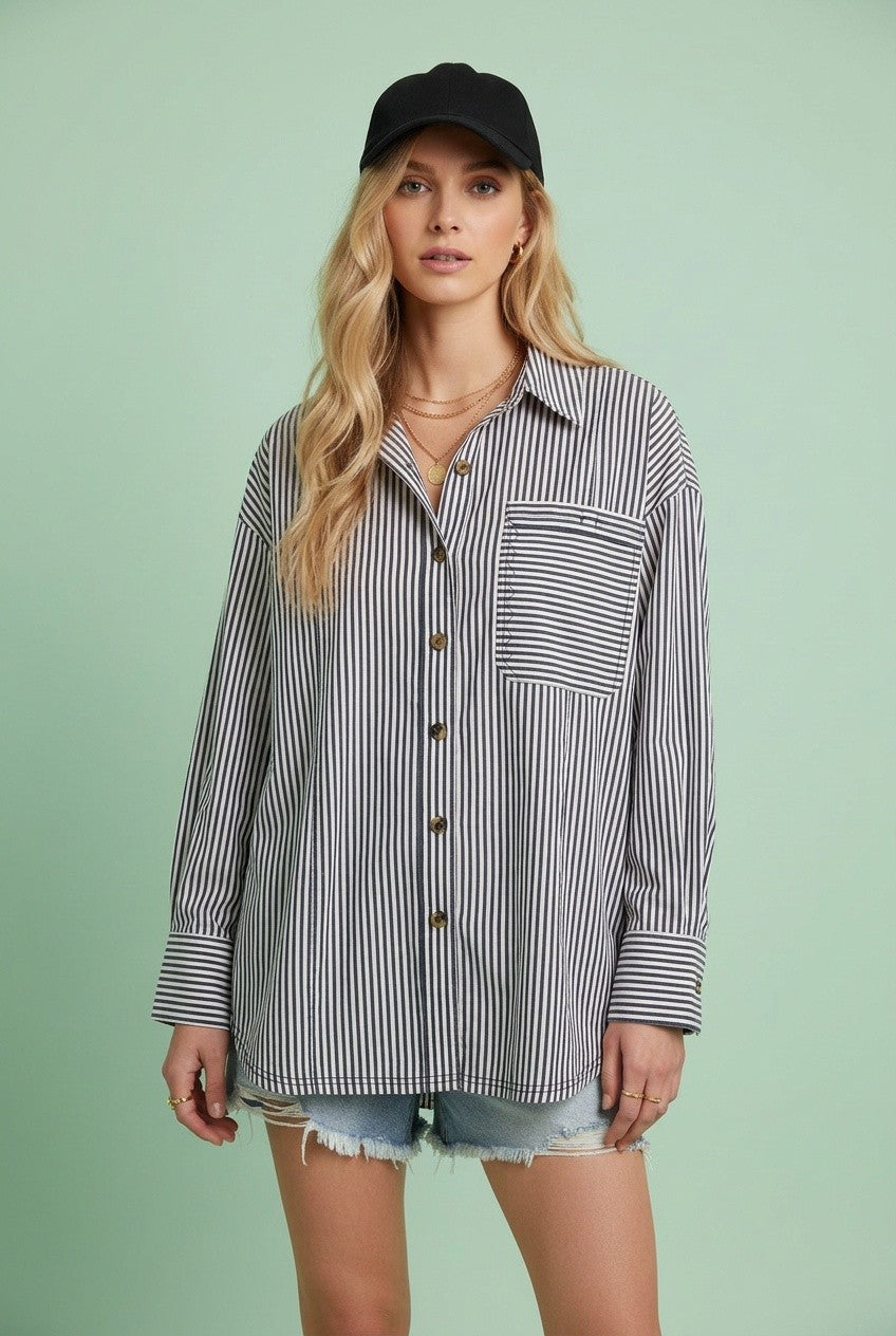 Navy Striped Long-Sleeve Button-Down Shirt