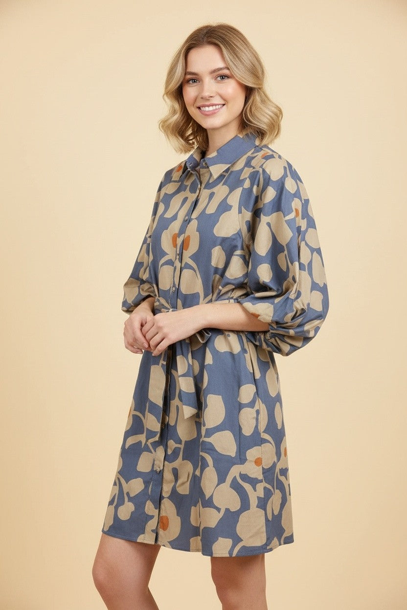 Teal Botanical Floral Tie-Waist Mini Shirt Dress