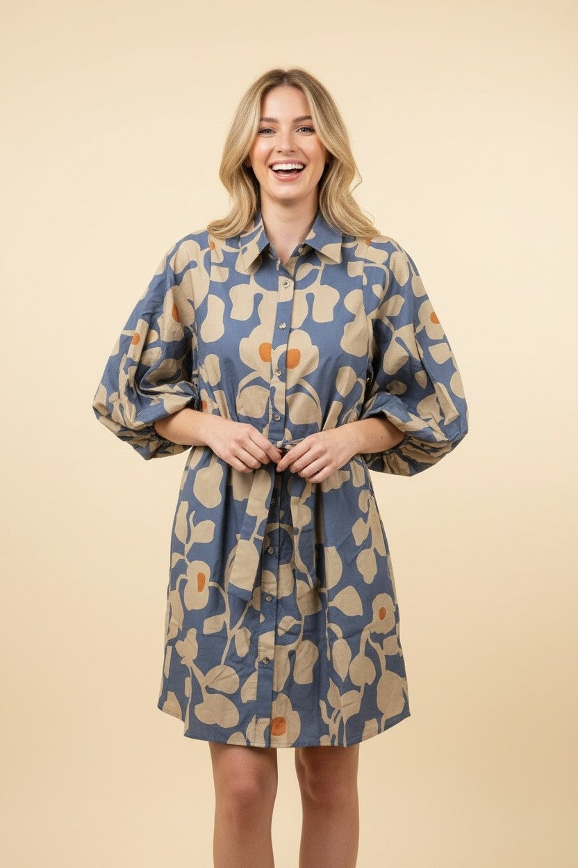 Teal Botanical Floral Tie-Waist Mini Shirt Dress