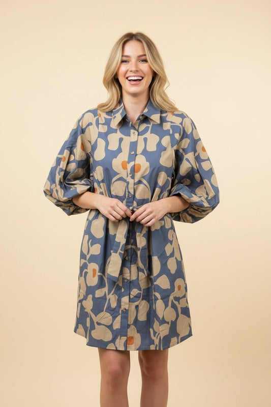 Teal Botanical Floral Tie-Waist Mini Shirt Dress