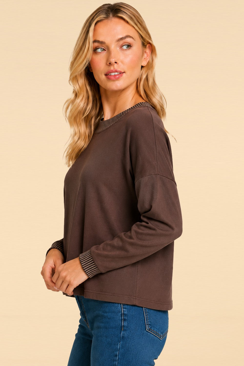Ribbed-Trim Long-Sleeve Pullover Top