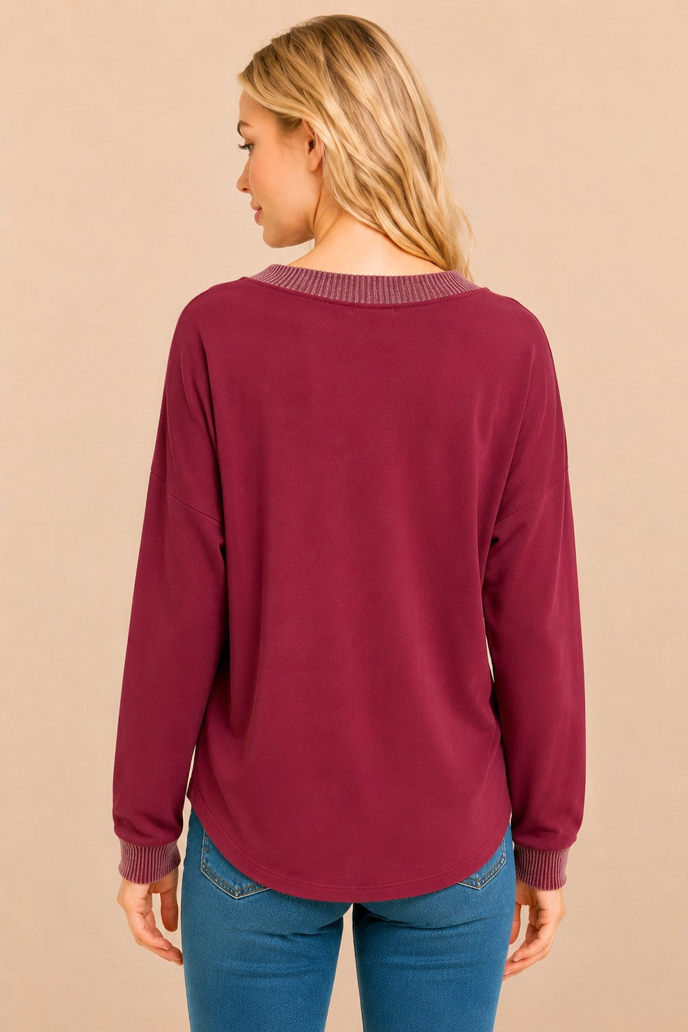 Ribbed-Trim Long-Sleeve Pullover Top