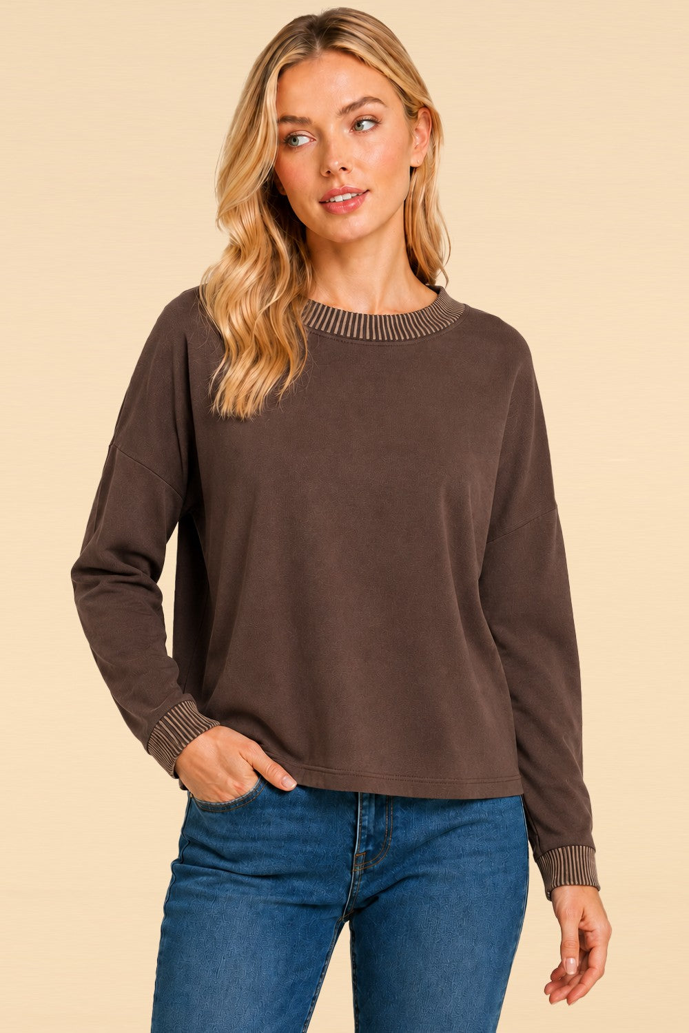 Ribbed-Trim Long-Sleeve Pullover Top
