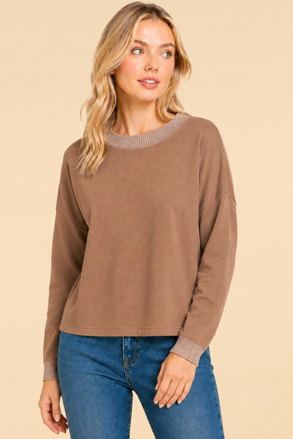 Ribbed-Trim Long-Sleeve Pullover Top