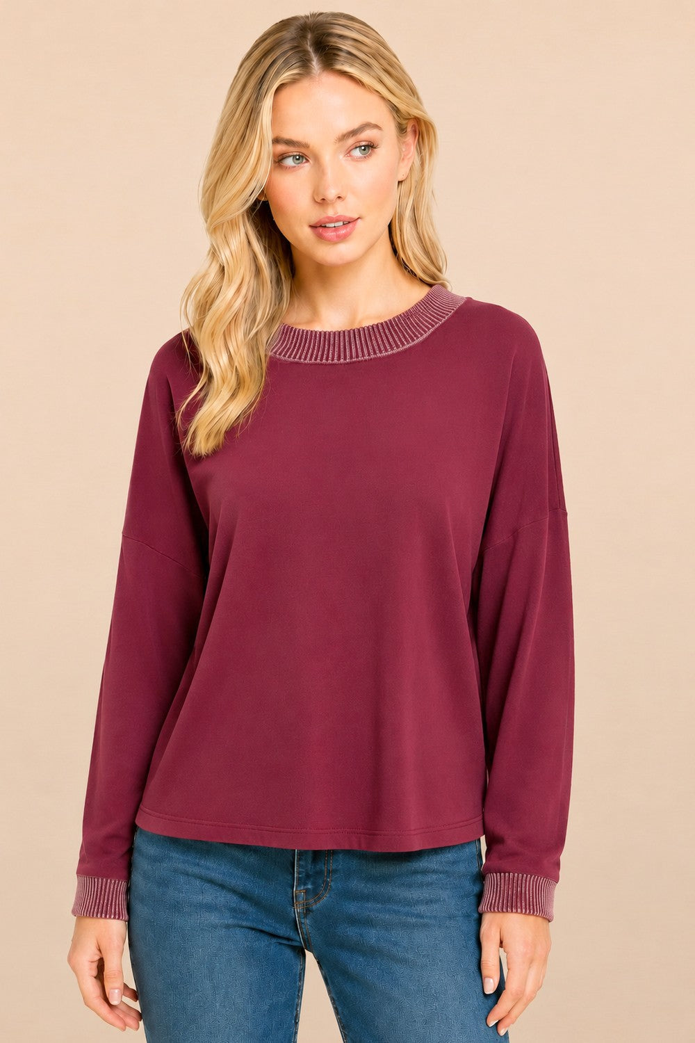 Ribbed-Trim Long-Sleeve Pullover Top